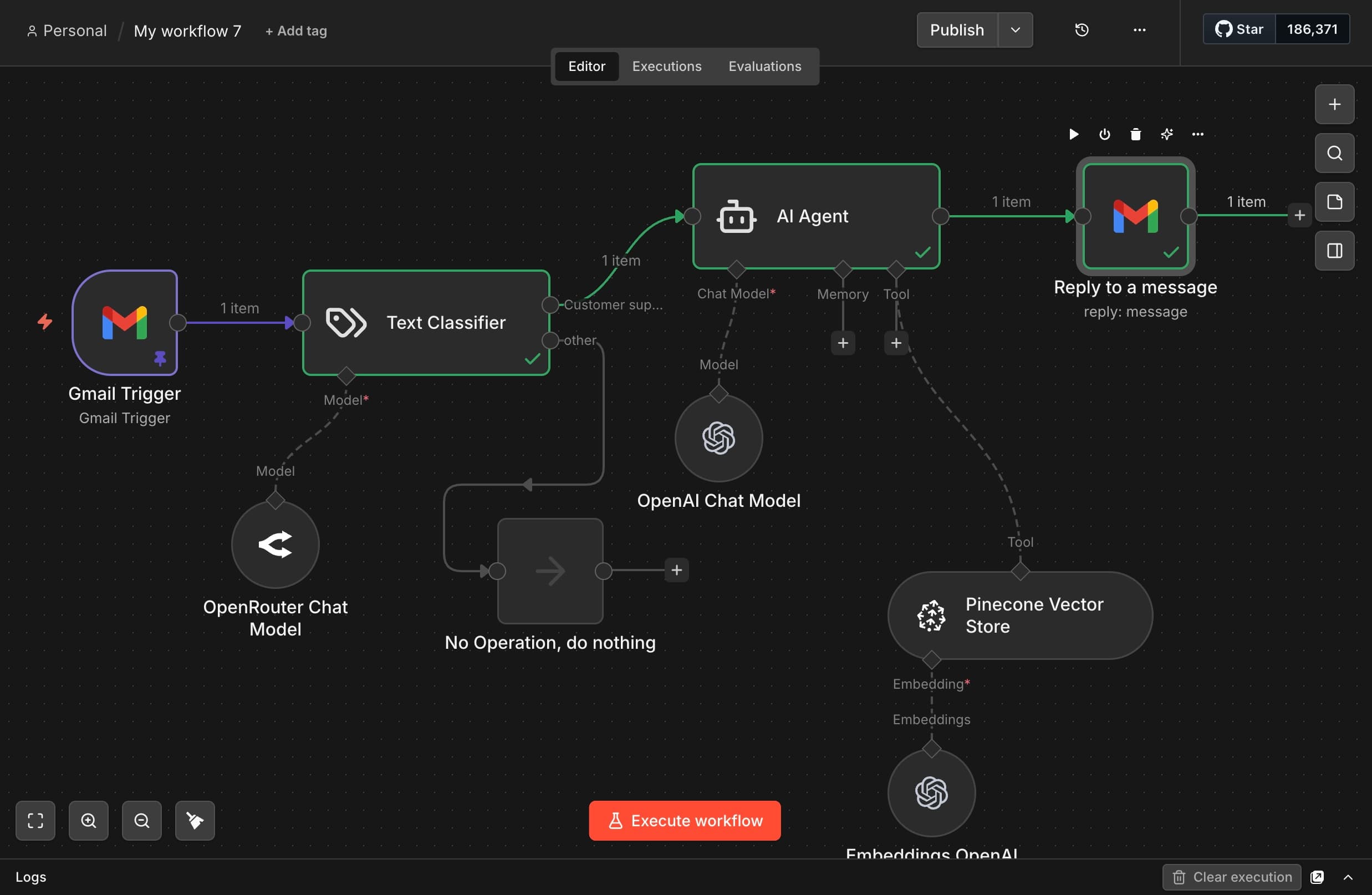 n8n workflow — Gmail trigger, Text Classifier, AI Agent with Pinecone memory, and automated reply